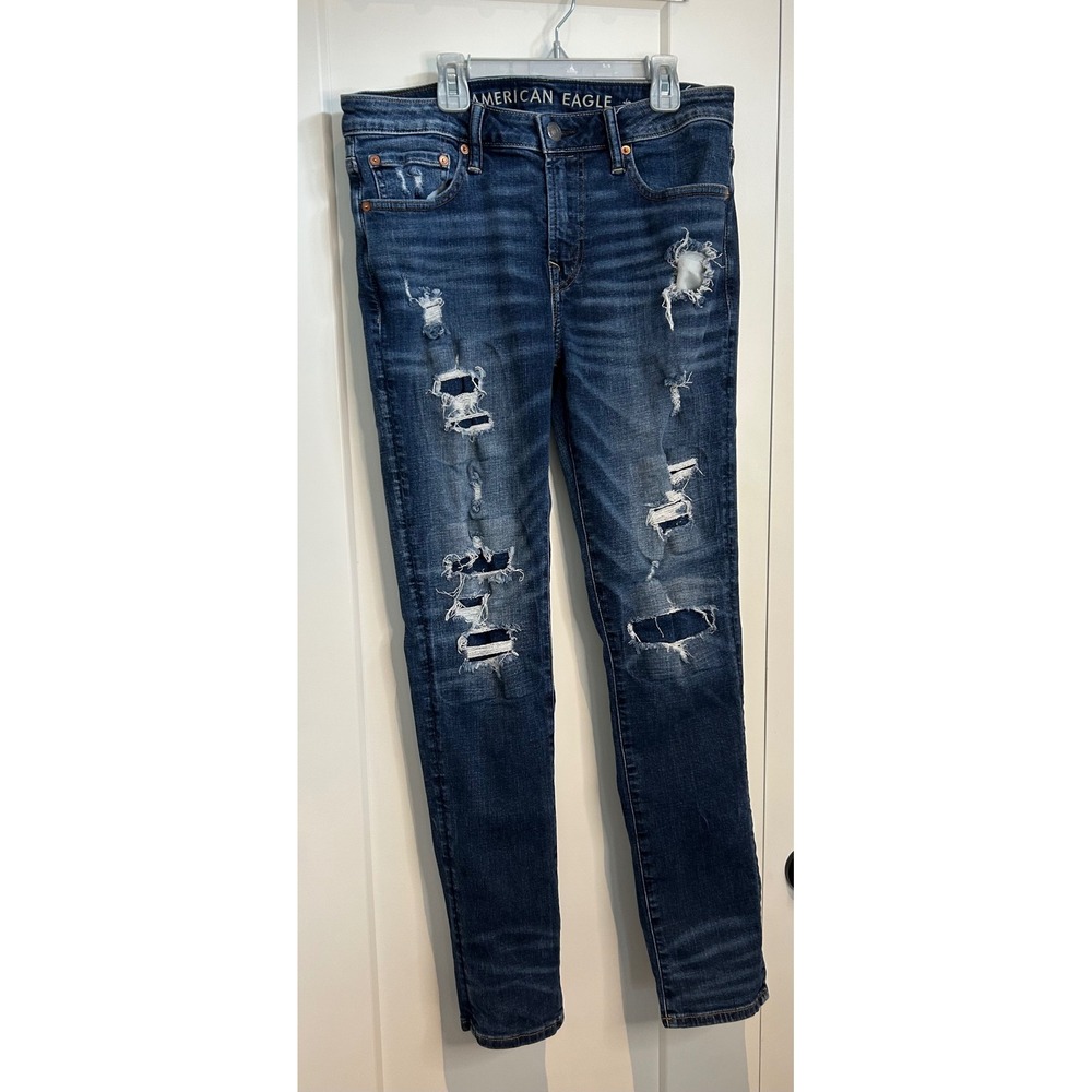 American Eagle Airflex+ Skinny Distressed Dark Wash Jeans 32x32‎ Ripped Denim